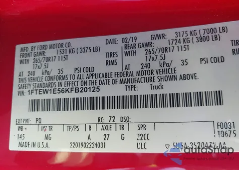 2019 Ford F-150 Xlt from USA, damaged, VIN 1FTEW1E56KFB20125